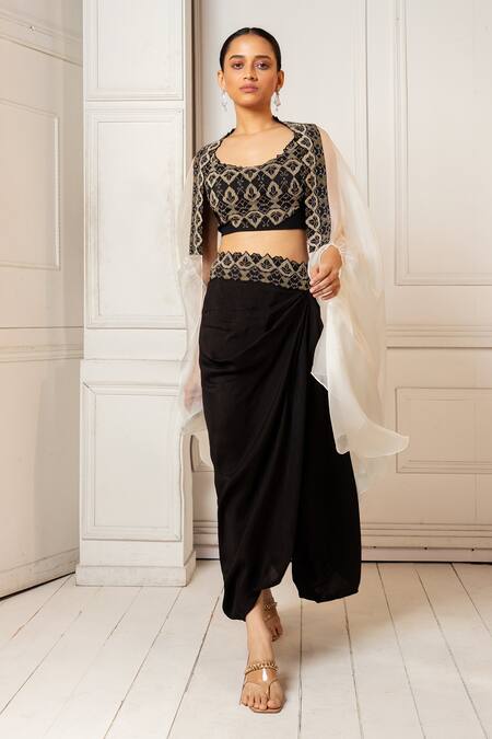 Shop_Oshi By Shikha_Black Cotton, Lycra, Silk Sequins, Zari, Beads Cape And Drape Skirt Set_Online_at_Aza_Fashions