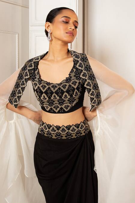 Oshi By Shikha_Black Cotton, Lycra, Silk Sequins, Zari, Beads Cape And Drape Skirt Set_at_Aza_Fashions