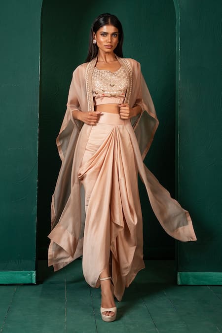 Oshi By Shikha Beige Cape Silk Organza Hand Embroidery Beads Marori Slit And Draped Skirt Set 