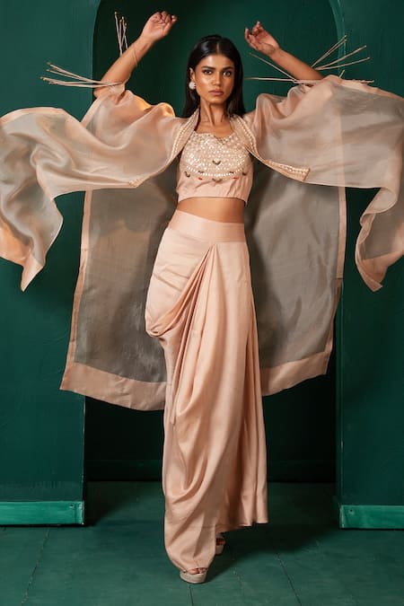 Oshi By Shikha Marori Embroidered Slit Cape & Draped Skirt Set 