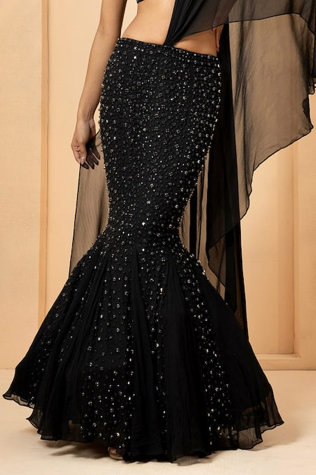 Quench A Thirst Black Net, Georgette Sequins, Embellished Fishtail Lehenga Saree And Blouse Set Online at Aza Fashions Quench A Thirst_Black Net, Georgette Sequins, Embellished Fishtail Lehenga Saree And Blouse Set _Online_at_Aza_Fashions