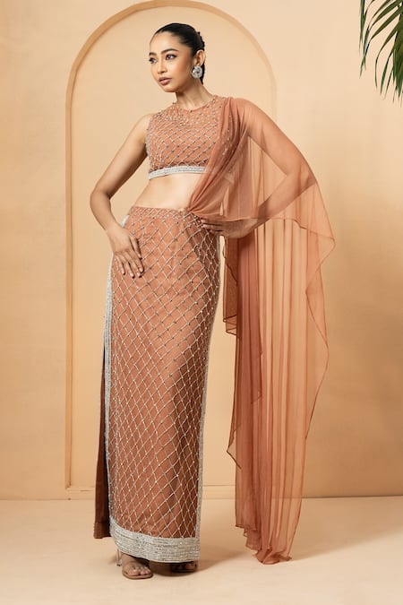 Quench A Thirst Beige Georgette Embellished Crystal Round Neck Pre-stitched Saree With Blouse 