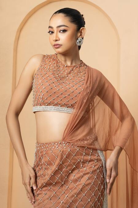 Quench A Thirst_Beige Net, Modal, Satin, Georgette Embellished Pre-stitched Saree With Blouse _Online_at_Aza_Fashions