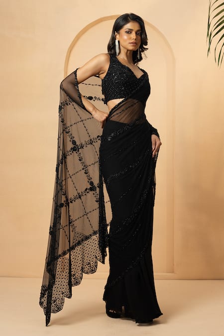 Quench A Thirst_Black Georgette, Net Sequins, Beads, Embroidered Pre-stitched Saree With Blouse _Online_at_Aza_Fashions