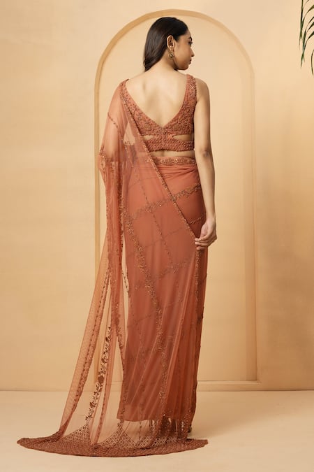 Quench A Thirst Floral Stripe Embroidered Pre-Draped Saree With Blouse 