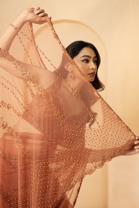 Quench A Thirst_Pink Georgette, Net Floral Stripe Embroidered Pre-draped Saree With Blouse _Online_at_Aza_Fashions