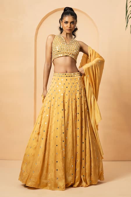 Quench A Thirst Gold Modal Satin Embellished Mirror Halter Neck Lehenga Set 