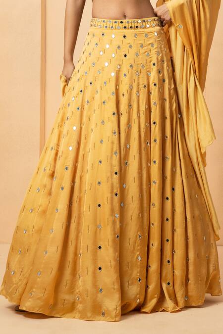 Quench A Thirst_Gold Modal, Satin Mirrors, Pearls, Beads Halter Neck Embellished Lehenga Set _Online_at_Aza_Fashions