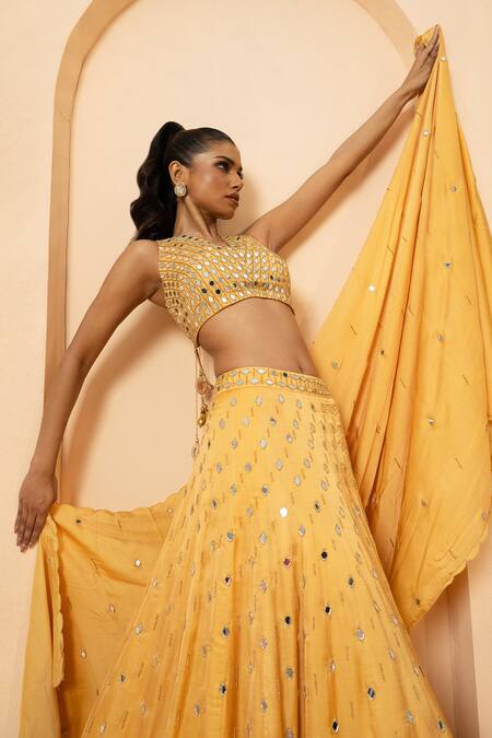 Shop_Quench A Thirst_Gold Modal, Satin Mirrors, Pearls, Beads Halter Neck Embellished Lehenga Set _Online_at_Aza_Fashions