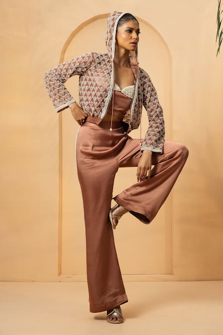 Buy_Quench A Thirst_Rose Gold Net, Modal, Satin Beads, Crystals, Metallic Embellished Hoodie Set _Online_at_Aza_Fashions