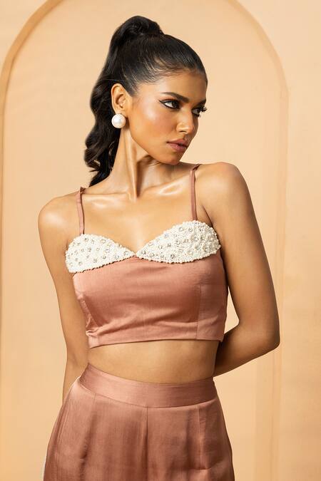 Shop_Quench A Thirst_Rose Gold Net, Modal, Satin Beads, Crystals, Metallic Embellished Hoodie Set _Online_at_Aza_Fashions