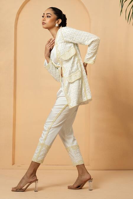 Quench A Thirst_Ivory Modal, Satin Pearls, Beads Open Neck Embellished Blazer And Trouser Set _Online_at_Aza_Fashions