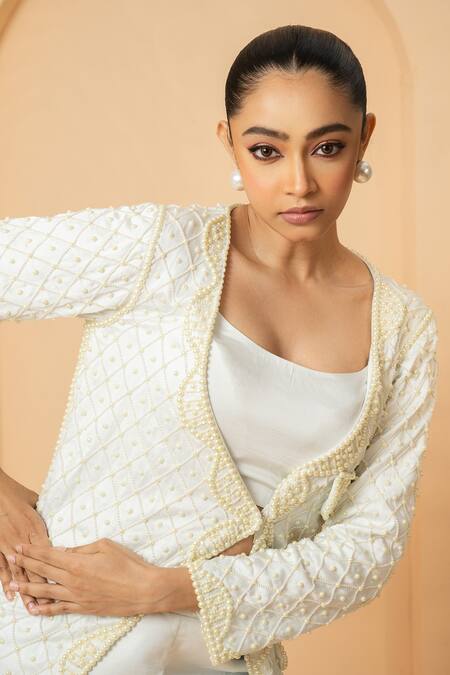 Buy_Quench A Thirst_Ivory Modal, Satin Pearls, Beads Open Neck Embellished Blazer And Trouser Set _Online_at_Aza_Fashions