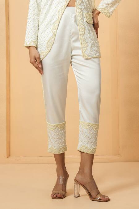 Shop_Quench A Thirst_Ivory Modal, Satin Pearls, Beads Open Neck Embellished Blazer And Trouser Set _Online_at_Aza_Fashions