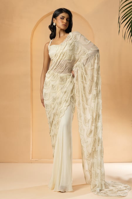 Quench A Thirst Ivory Georgette Embellished Cutdana Pearl Pre-stitched Saree With Blouse 