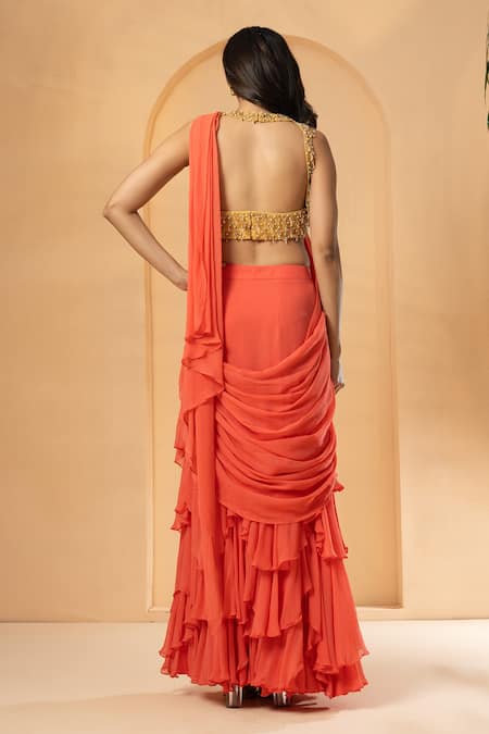 Quench A Thirst Pre-Stitched Ruffle Saree With Embroidered Blouse 