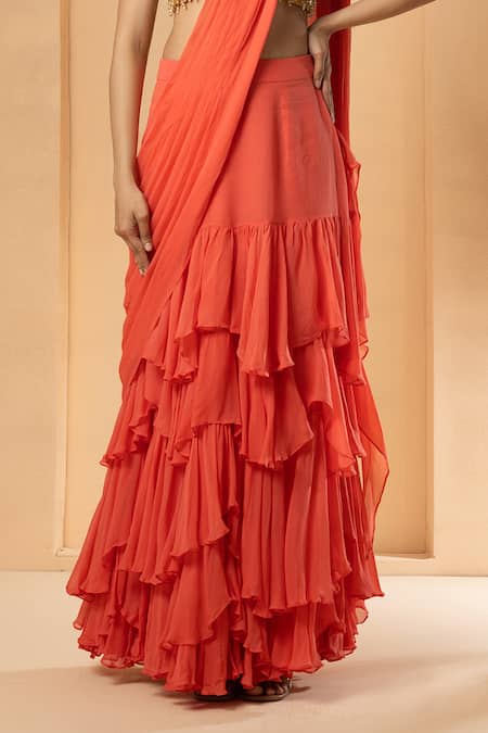 Quench A Thirst_Peach Net, Georgette Beads, Pre-stitched Ruffle Saree With Embroidered Blouse _Online_at_Aza_Fashions