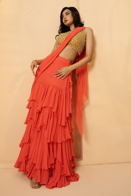 Buy_Quench A Thirst_Peach Net, Georgette Beads, Pre-stitched Ruffle Saree With Embroidered Blouse _Online_at_Aza_Fashions