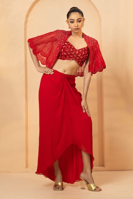 Quench A Thirst Red Georgette Embroidery Sequin Cape Open Scallop Border Dhoti Skirt Set 