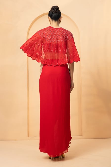 Quench A Thirst Scallop Border Embroidered Cape Dhoti Skirt Set 