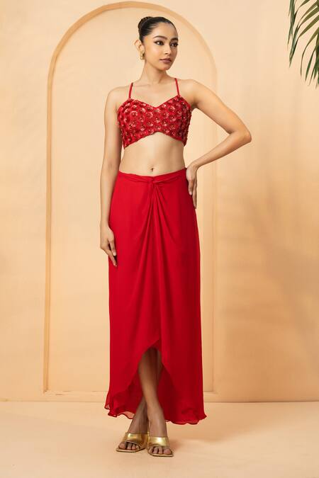 Quench A Thirst_Red Net, Georgette Sequins, Scallop Border Embroidered Cape Dhoti Skirt Set _Online_at_Aza_Fashions