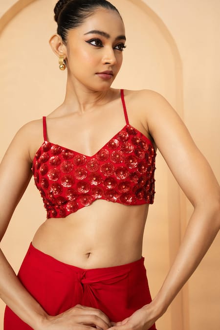 Buy_Quench A Thirst_Red Net, Georgette Sequins, Scallop Border Embroidered Cape Dhoti Skirt Set _Online_at_Aza_Fashions