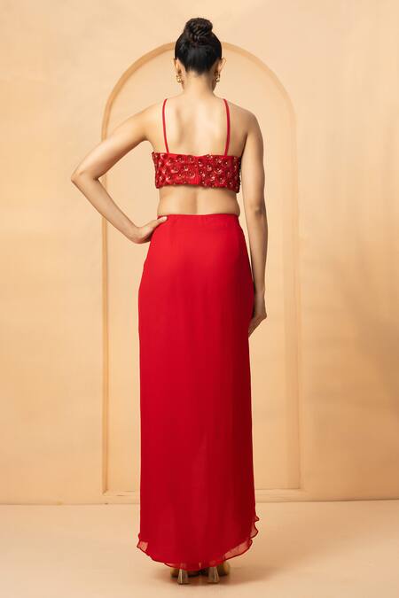Shop_Quench A Thirst_Red Net, Georgette Sequins, Scallop Border Embroidered Cape Dhoti Skirt Set _Online_at_Aza_Fashions