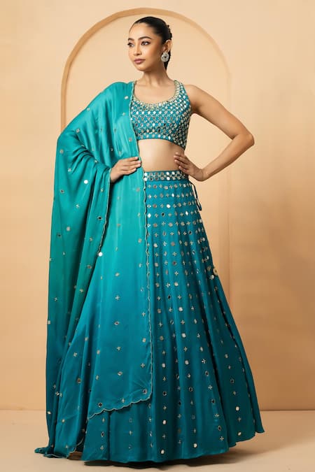 Quench A Thirst_Blue Modal, Satin Mirrors, Pearls, Beads Round Neck Work Lehenga Blouse Set _Online_at_Aza_Fashions