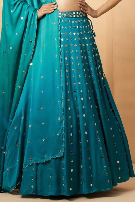 Buy_Quench A Thirst_Blue Modal, Satin Mirrors, Pearls, Beads Round Neck Work Lehenga Blouse Set _Online_at_Aza_Fashions