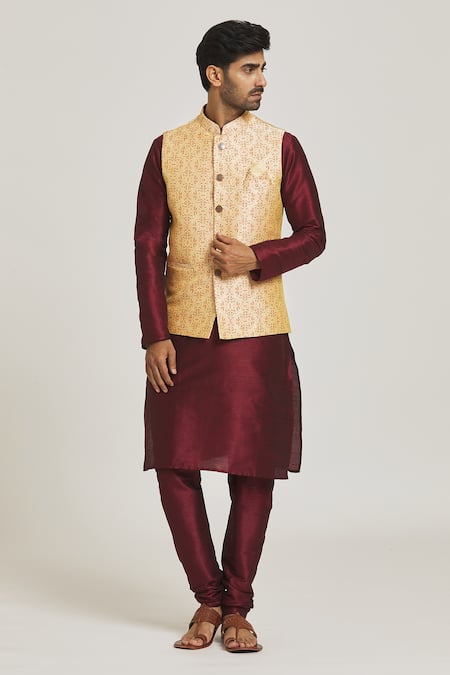 Arihant Rai Sinha_Beige Silk Embroidery Floral Pattern Bundi _Online_at_Aza_Fashions