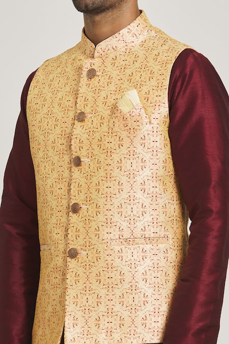 Buy_Arihant Rai Sinha_Beige Silk Embroidery Floral Pattern Bundi _Online_at_Aza_Fashions