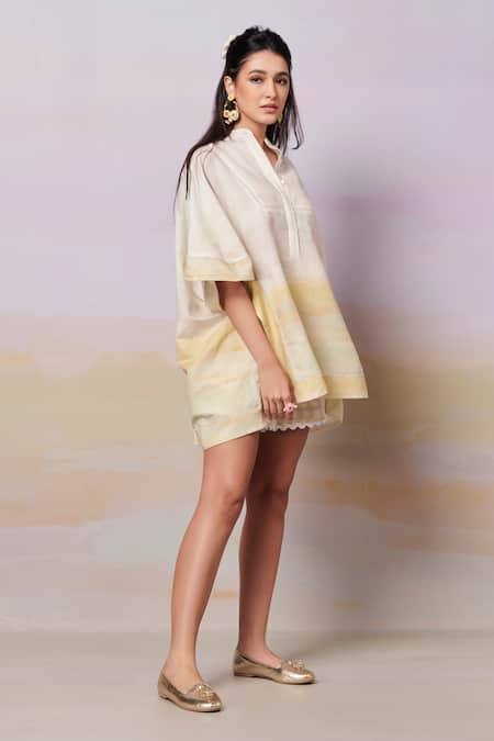 Moh India_Black Linen Mandarin Collar After Glow Ombre Top _Online_at_Aza_Fashions