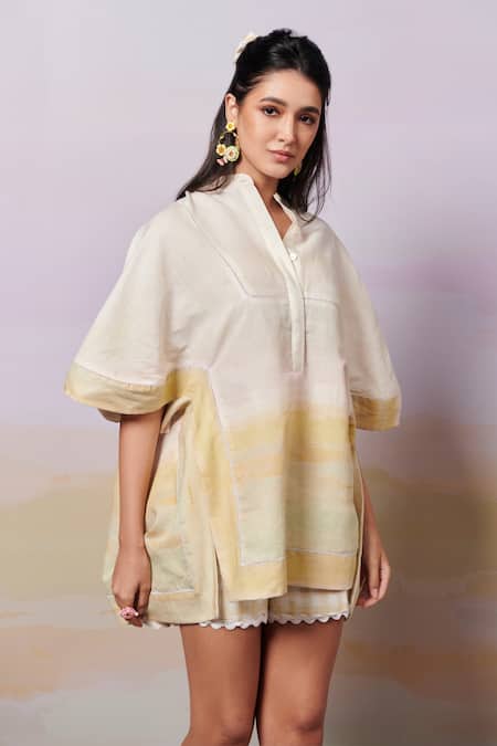 Shop_Moh India_Black Linen Mandarin Collar After Glow Ombre Top _Online_at_Aza_Fashions