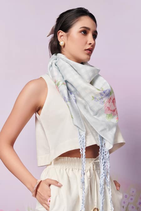 Shop Moh India Ivory Gingham Chanderi Silk Capri Roses Print Scarf at Aza Fashions Shop_Moh India_Ivory Gingham Chanderi Silk Capri Roses Print Scarf _at_Aza_Fashions