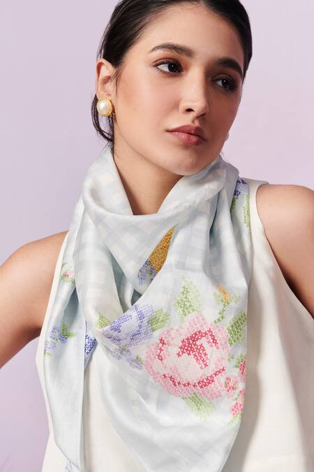 Buy Moh India Ivory Gingham Chanderi Silk Capri Roses Print Scarf Online at Aza Fashions Buy_Moh India_Ivory Gingham Chanderi Silk Capri Roses Print Scarf _Online_at_Aza_Fashions