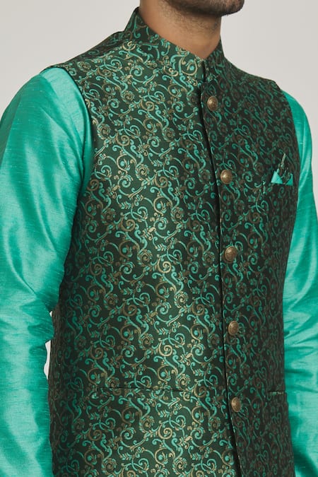 Shop Arihant Rai Sinha Green Silk, Brocade Embroidery Floral Motif Bundi Online at Aza Fashions Shop_Arihant Rai Sinha_Green Silk, Brocade Embroidery Floral Motif Bundi_Online_at_Aza_Fashions