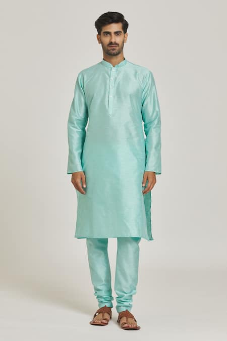 Arihant Rai Sinha_Blue Jacquard, Silk Embroidery Floral Bundi And Kurta Set _Online_at_Aza_Fashions