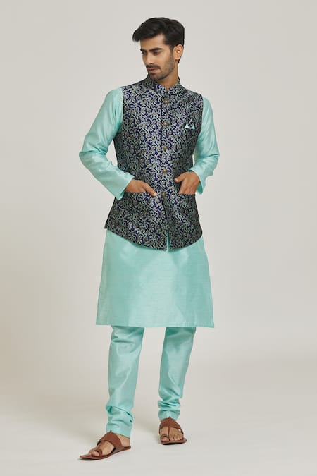 Buy_Arihant Rai Sinha_Blue Jacquard, Silk Embroidery Floral Bundi And Kurta Set _Online_at_Aza_Fashions