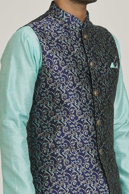 Shop_Arihant Rai Sinha_Blue Jacquard, Silk Embroidery Floral Bundi And Kurta Set _Online_at_Aza_Fashions