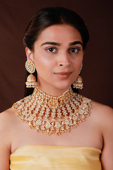 Riana Jewellery White Pearls Noor Jadau Kundan Bridal Necklace Set