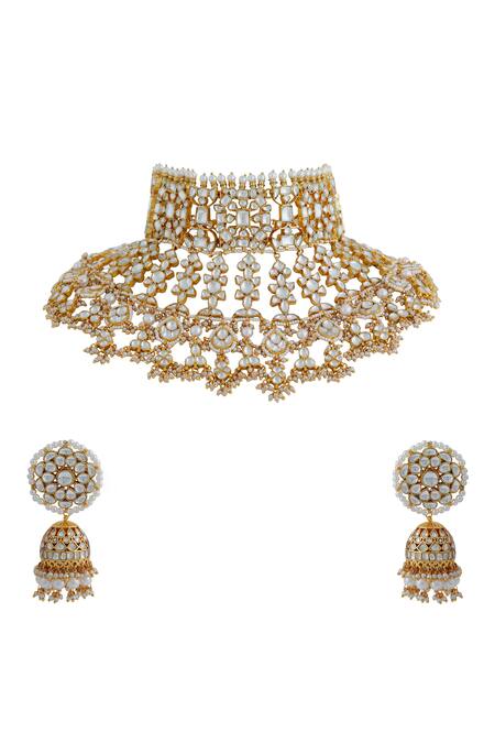 Riana Jewellery_White Pearls Noor Jadau Kundan Bridal Necklace Set _Online_at_Aza_Fashions
