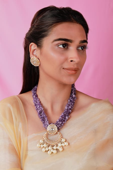 Riana Jewellery Chaand Jadau Kundan & Amethyst Bead Embellished Necklace Set 