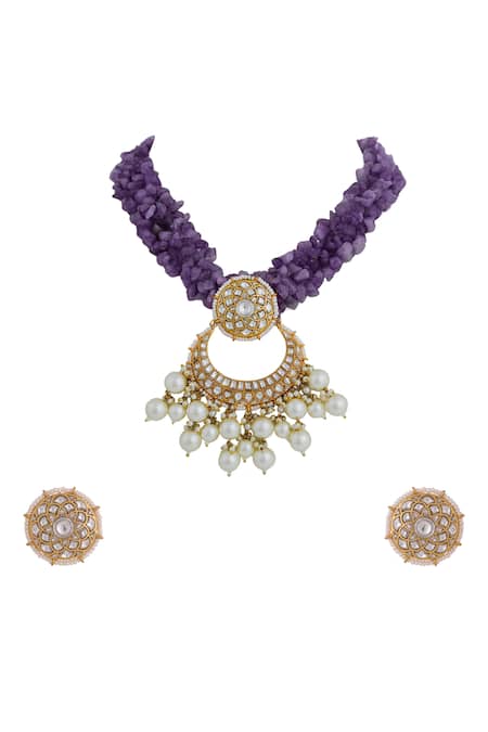 Riana Jewellery Chaand Jadau Kundan & Amethyst Bead Embellished Necklace Set 