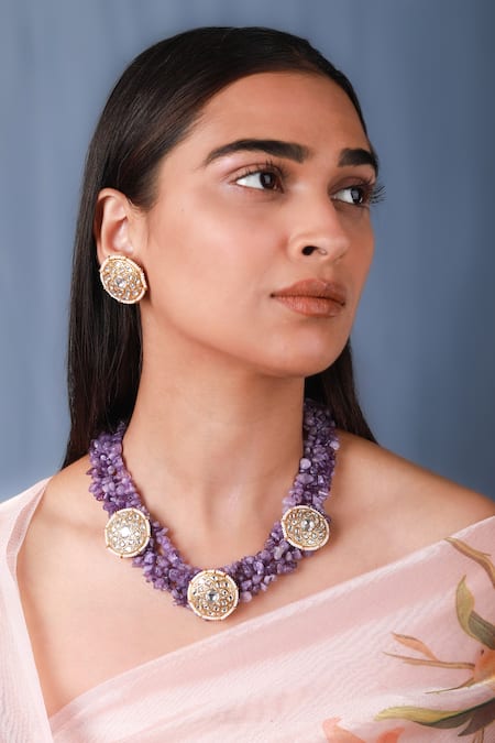 Riana Jewellery Jadtar Stone & Amethyst Bead Embellished Choker Set 