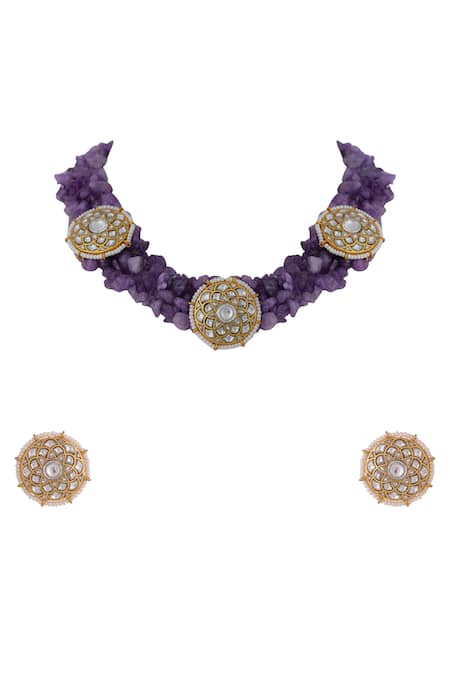 Riana Jewellery Jadtar Stone & Amethyst Bead Embellished Choker Set 