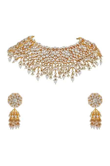Shop Riana Jewellery White Pearls, Diamonds Guldasta Jadau Kundan And Bridal Necklace Set at Aza Fashions Shop_Riana Jewellery_White Pearls, Diamonds Guldasta Jadau Kundan And Bridal Necklace Set _at_Aza_Fashions