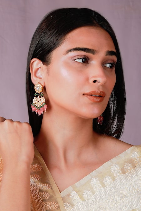 Shop Riana Jewellery Pink Pearls, Stones Bloom Jadau Kundan And Embellished Long Necklace Set at Aza Fashions Shop_Riana Jewellery_Pink Pearls, Stones Bloom Jadau Kundan And Embellished Long Necklace Set _at_Aza_Fashions