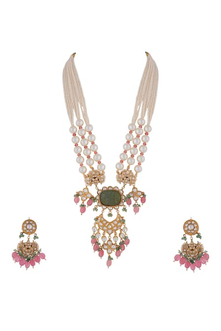 Riana Jewellery Pink Pearls, Stones Bloom Jadau Kundan And Embellished Long Necklace Set Online at Aza Fashions Riana Jewellery_Pink Pearls, Stones Bloom Jadau Kundan And Embellished Long Necklace Set _Online_at_Aza_Fashions