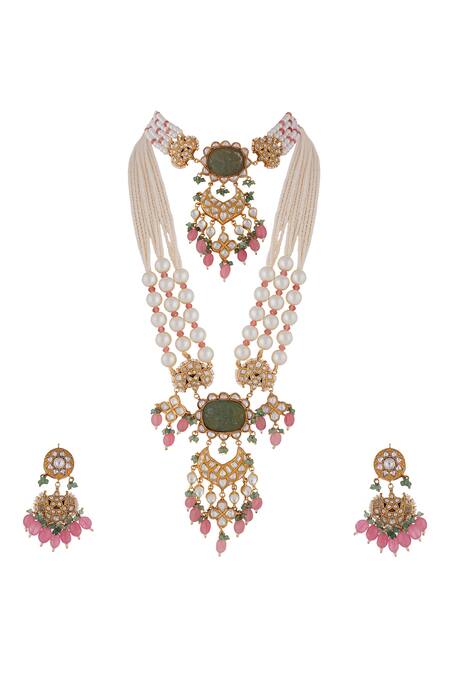 Riana Jewellery_Pink Pearls, Blossom Jadau Kundan And Embellished Choker & Long Necklace Set _Online_at_Aza_Fashions