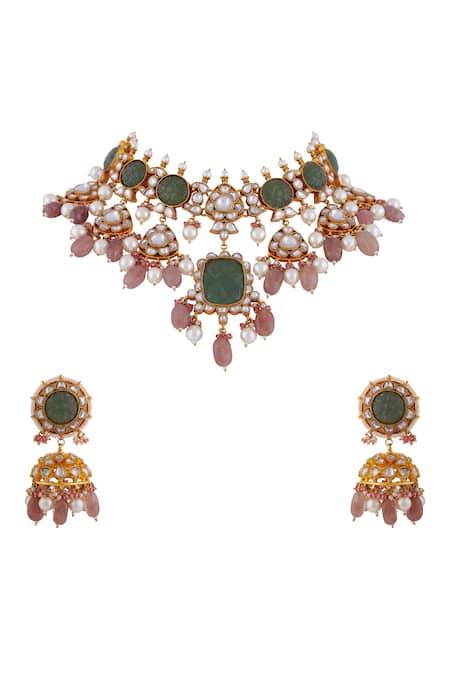 Riana Jewellery_Green Pearls, Stones Phool Jadau Kundan And Embellished Choker Set _Online_at_Aza_Fashions